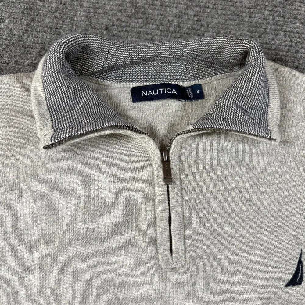 Nautica Mens Medium Heather Gray Quarter Zip Mock Neck Knit Sweater Logo 3930